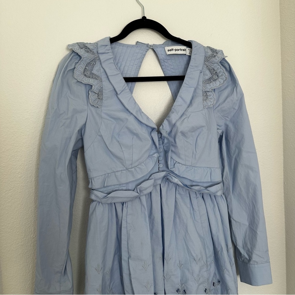 Self-Portrait Cotton Broderie Mini Dress Light Blue Open Back Size 6 Women’s - Picture 4 of 14